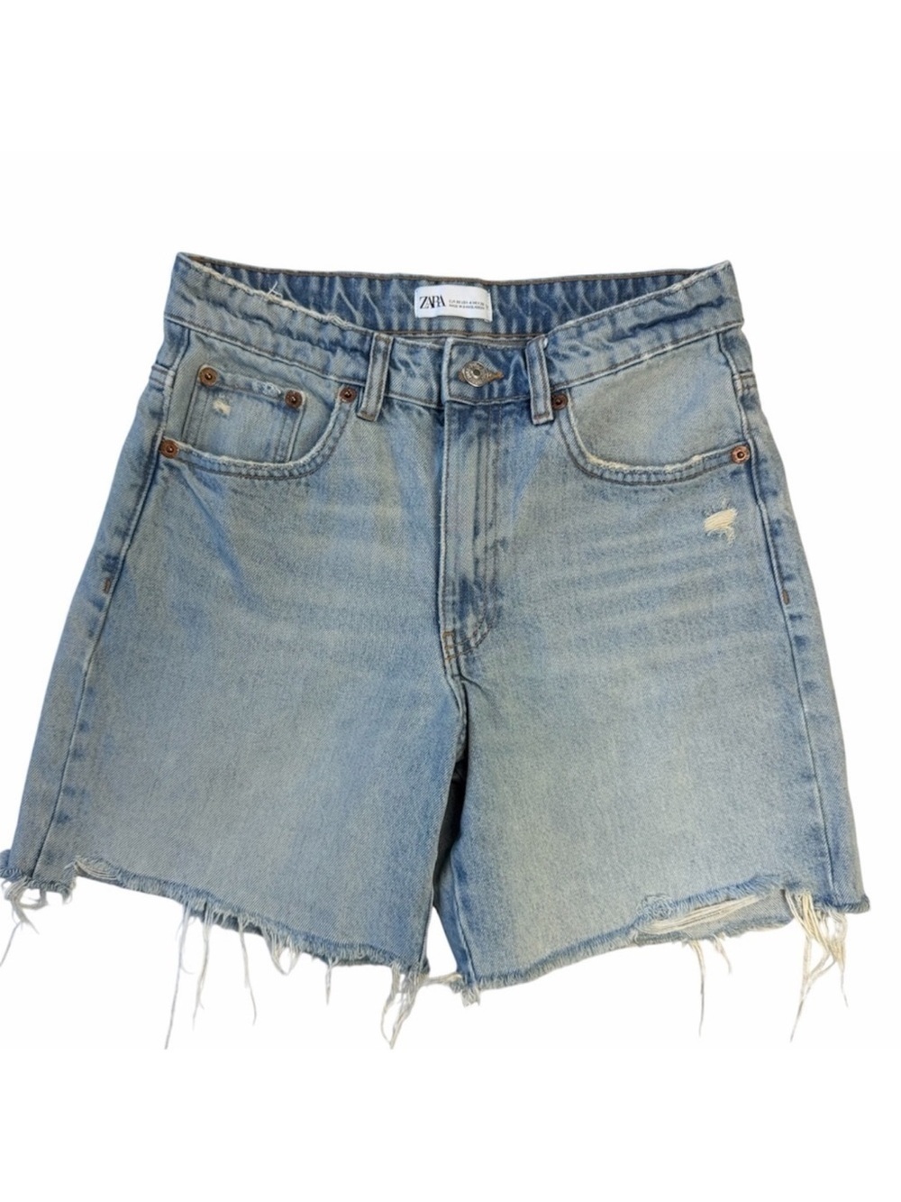 ✅ Zara Women Light Blue Distressed Jean Shorts loose fit mid length sz 4 EUR 36